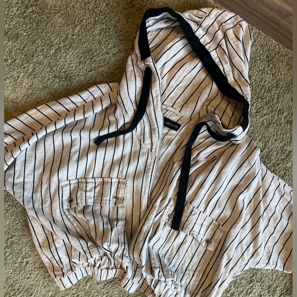 ZARA Striped Linen Bomber Jacket with Hood - Picture 2 of 6